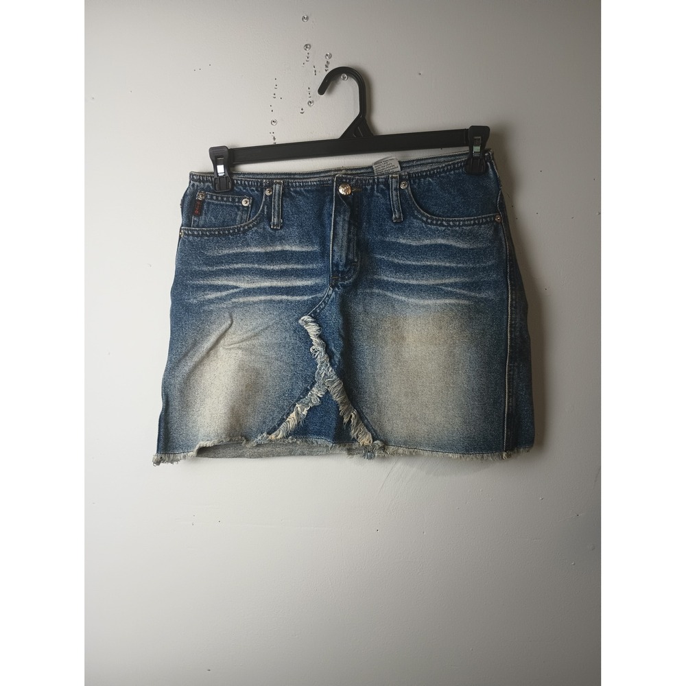 Vintage Mudd Yo! Y2K Denim Micro Mini Skirt Blue Sandblasted Raw Hem Size 9